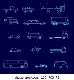 Collection of blue line drawings of various vehicles, including cars, buses, and trucks. Scene is one of creativity and imagination, as the vehicles are drawn in a stylized and abstract manner