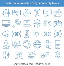 Collection of blue line vector icons related to technology, cybersecurity, networking, communication, and artificial intelligence, on a white background. All icons are outlined.