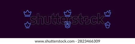Collection of blue linear icons featuring crowns for royal status and achievements. Set includes crown with plus and minus signs for adding or removing ranks, shield emblem, and cupcake icon. Ideal for mobile app gamification, member rewards programs, and digital ranking systems.