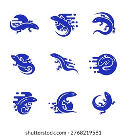 Collection of blue lizard and salamander logos with dynamic speed elements. Minimalist vector set of lizard silhouettes for modern brand identity and wildlife-inspired design.