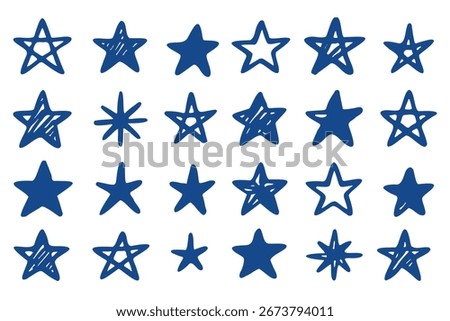Collection of blue marker pen star doodles in various hand drawn styles, perfect for creative projects and playful designs, isolated on white background vector illustration