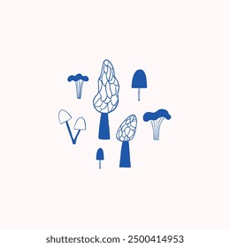 A collection of blue mushroom illustrations on a light background, showcasing abstract and whimsical designs
