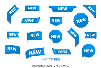 Collection of blue NEW labels, ribbons, and stickers in various shapes. Ideal for product launches and promotions. Vector illustration