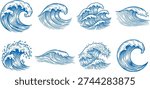 Collection of blue ocean waves in various shapes and sizes on white background illustration