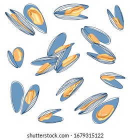 Collection of Blue and Orange Mussels Sketch Design. Seafood Drawing. Gourmand Restaurant Food