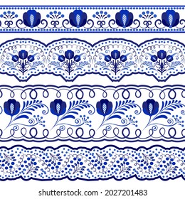 Colección de bordes azules ornamentales Seamless para el diseño en el estilo de pintura de porcelana étnica. Cepillos florales con hojas y flores aisladas en blanco. Ilustración del vector