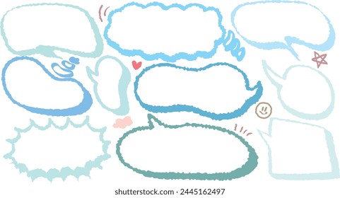 Collection of blue out line cute dialog box. Hand drawn with crayon drawing memo sticker. Doodle style chat frame for text. Cartoon conversation balloon. Set of speech bubbles in flat short message.