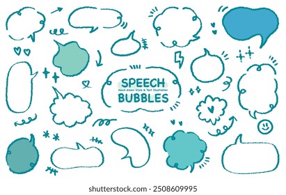 Collection of blue out line cute dialog box. Hand drawn with crayon drawing memo sticker. Doodle style chat frame for text. Cartoon conversation balloon. Set of speech bubbles in flat short message.