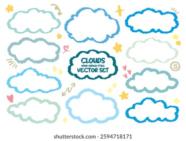 Collection of blue out line cute dialog box. Hand drawn with crayon drawing memo sticker. Doodle style chat frame for text. Cartoon conversation balloon. Set of speech bubbles in flat short message.