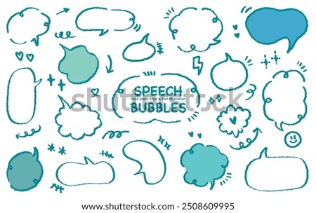 Collection of blue out line cute dialog box. Hand drawn with crayon drawing memo sticker. Doodle style chat frame for text. Cartoon conversation balloon. Set of speech bubbles in flat short message.