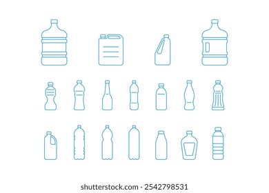 collection of blue outline style plastic drink bottle icons