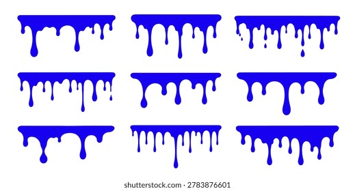 A collection of blue paint drips in various sizes and shapes, isolated on a white background, with thick and thin drips