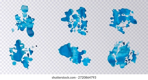 Colección de salpicaduras de pintura azul aislado sobre fondo transparente. Conjunto de salpicaduras decorativas azules. Decoraciones artísticas. Pinta manchas. Salpicaduras de acuarela. Elementos de diseño. Ilustración vectorial.