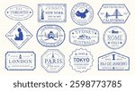 Collection of blue passport stamps featuring iconic cities: Toronto, New York, Beijing, Sydney, Rome, London, Paris, Tokyo, and Rio de Janeiro. Travel stamps, city stamps. Blue travel stamps, vectors.