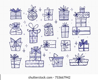 Collection of blue pen doodle sketch christmas gift boxes on white background