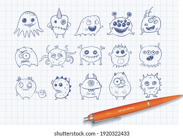 Collection of blue pen sketch cute doodle monsters on lined paper background.