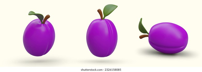 Collection of blue plums with stems and leaves. Sweet fruit in vertical and horizontal position. Illustration for recipes, culinary apps, greengrocers, wineries