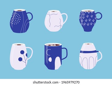 Collection blue porcelain cups. Set icons of mugs with various ornaments filled with drink, hot tea or coffee. Handdrawn abstract, floral linear pattern on cup. Flat cartoon style. Vector illustration