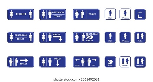 Collection of blue public restroom signs indicating gender-specific facilities with modern iconography