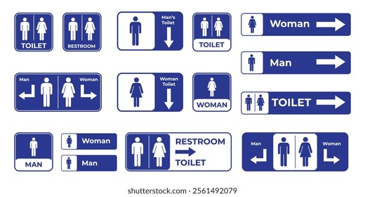 Collection of blue public restroom signs indicating gender-specific facilities with modern iconography