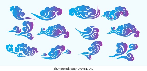 Collection of blue purple gradient color clouds in Chinese  or Japanese style
