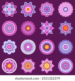 Collection of blue and purple symmetrical mandalas on blue background. Ethnic mandala, oriental pattern. Relaxation, meditation. Indian or Arabic mandala. Diwali festival.