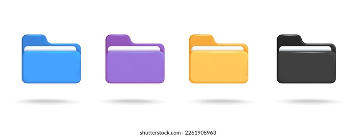 Colección de carpeta de archivos de computadora azul, púrpura, amarillo y negro con diseño de iconos vectoriales 3d del documento de papel. Organización de archivos digitales y idea de almacenamiento aislada en fondo blanco.