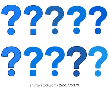 A collection of blue question marks of varying shades and styles, some with rounded dots and others with square dots, arranged in two rows against a white background.