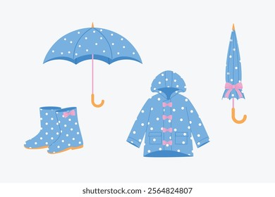 collection of blue rain boots with pink bow, opened umbrella, blue raincoat with pink bow , closed umbrella illustration 