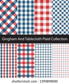 Collection of Blue and Red Gingham / Tablecloth patterns. Seamless checkered and square texture backgrounds.