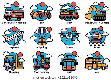 A collection of blue and red icons of vehicles, including cars, trucks, trains, and boats