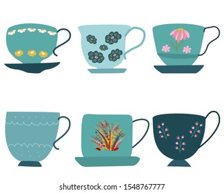 Collection of blue retro tea cups with saucer and floral decor isolated on white background. Flat cartoon style. Vector Illustration.