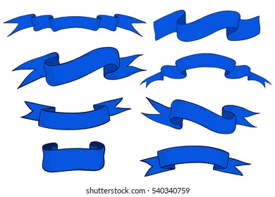 Collection of blue ribbon banners and scrolls. Hand drawn sketch. Vector illustration isolated on white background.