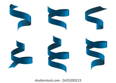 Collection of blue ribbon elements in different curl styles for decoration and gift wrap.