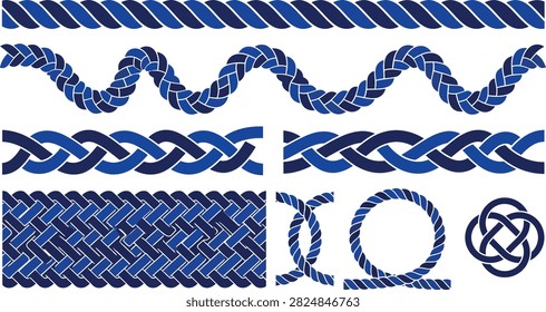A collection of blue rope and braided cord patterns, including straight lines, waves, weaves, circles, and decorative knots on a white background.