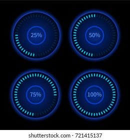Collection of blue round progress circles. Download sign. Load system. Vector illustration on dark background.