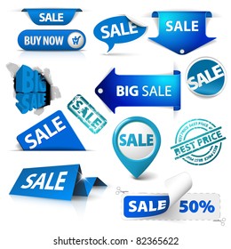 Collection of blue sale tickets, labels, stamps, stickers, corners, tags on white background