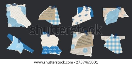 Collection of blue scrapbook torn paper set. Retro paper decor. Scraps of blue vintage wrapping paper, postcards. Vector design template for design collage.