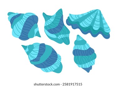 Collection of blue sea shells. Flat style. Vector illustration.