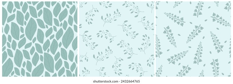 Sammlung von blauen nahtlosen Blumenmustern - Zeichendesign. Wiederholbare Frühlings-Natur zarte Hintergründe mit Ästen und Blumen. Textile Endlosdrucke