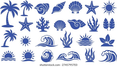 A collection of blue silhouette icons featuring beach and tropical symbols, including palm trees, waves, and sea creatures.
