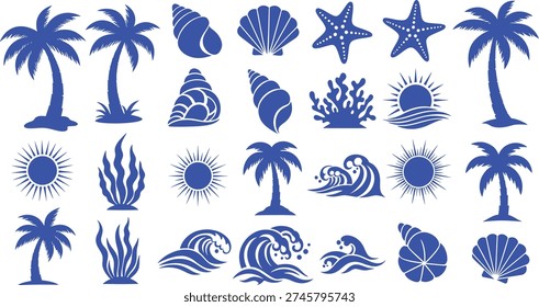A collection of blue silhouette icons featuring tropical beach elements, sea shells, and palm trees on a white background