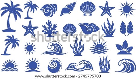 A collection of blue silhouette icons featuring beach and tropical symbols, including palm trees, waves, and sea creatures.