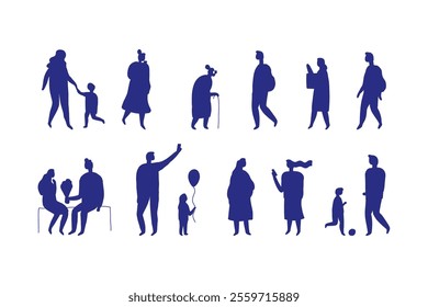 Collection of blue silhouette people in diverse poses and actions. Vector people stylized silhouette bundle isolated  on white background. Crowd, background people