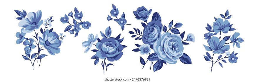 Collection of blue small pretty rose bouquets for design of greeting cards