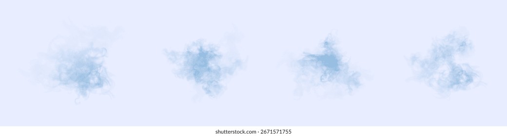 Colección de los efectos azules del humo de la niebla de la nube, del vapor y de la niebla con la difusión del aire y la textura ligera en el fondo ligero aislado.