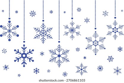 A collection of blue snowflake graphics of various sizes are scattered across a white background. Some snowflakes hang from dotted lines.