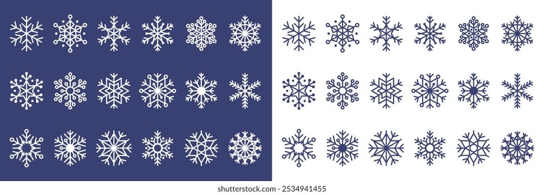 Collection of blue snowflake icons. Set of linear snowflake icons of different shapes on a white background. White snowflakes on a blue background. Clip art for New Year and Christmas designs, cards.