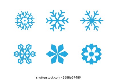 Collection of blue snowflake shapes showcasing winter's delicate, icy beauty in a simple, clean style vector illustration