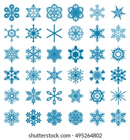 collection of blue snowflakes isolated on white background, vector